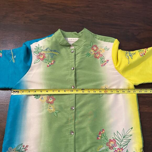 Marsh Landing green, blue, yellow & white floral embroidered button down top, M - Picture 13 of 14
